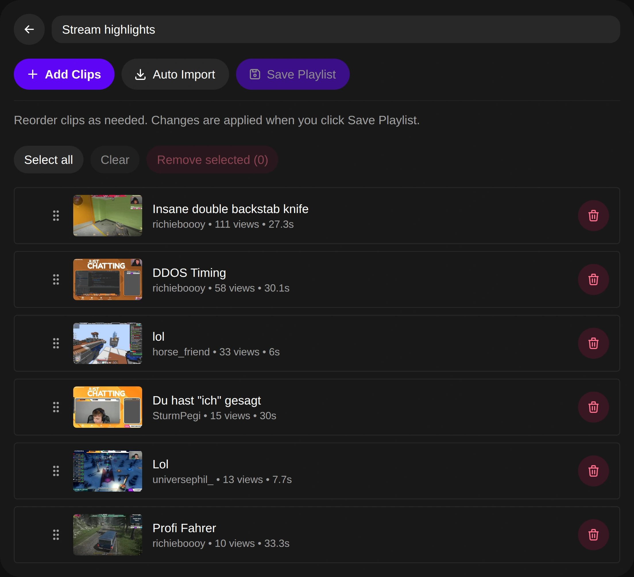 Clipify playlist editor with selected clips and saved playlist controls